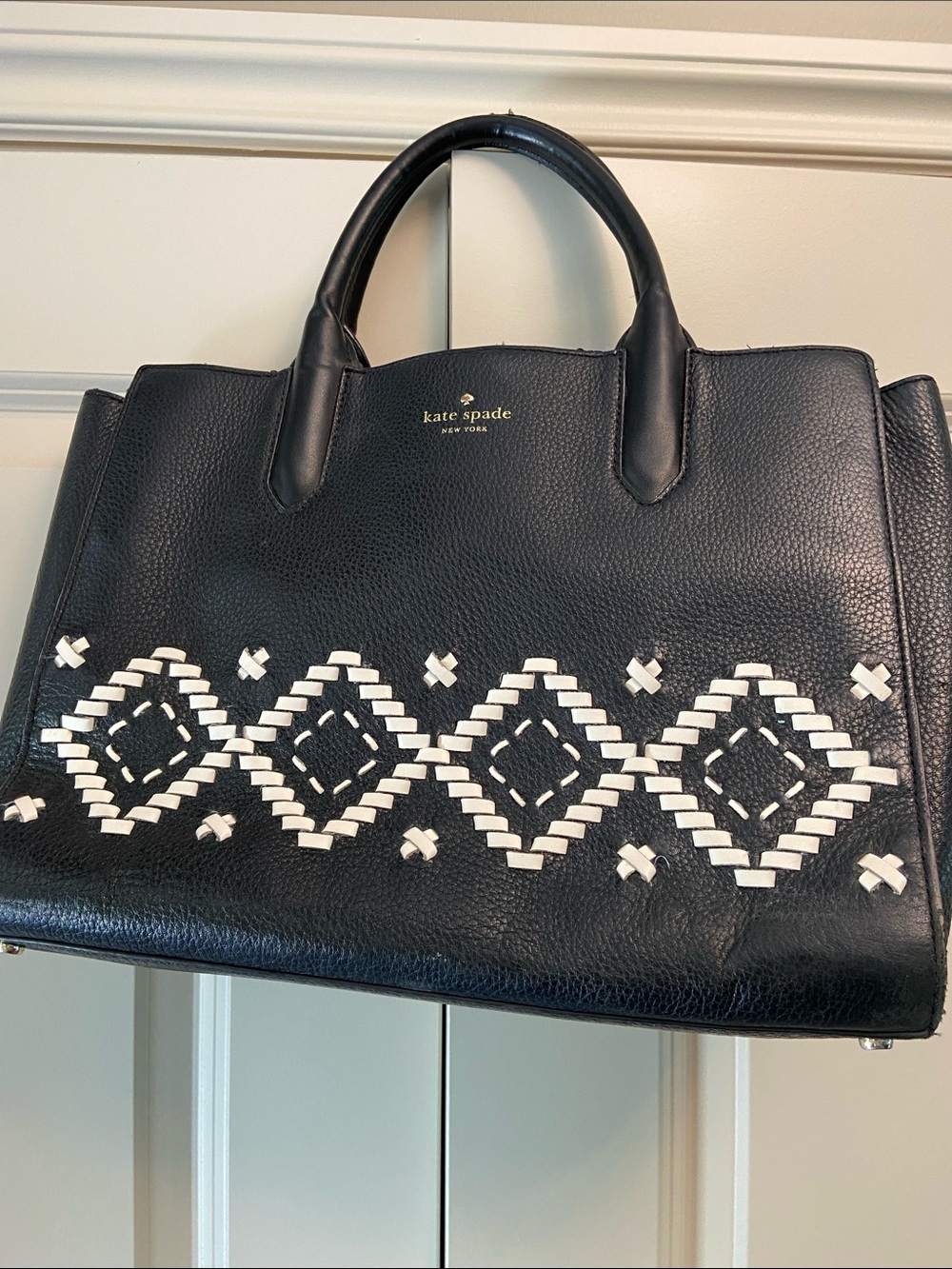 kate spade Black Leather Satchel with White Woven Diamond Detail